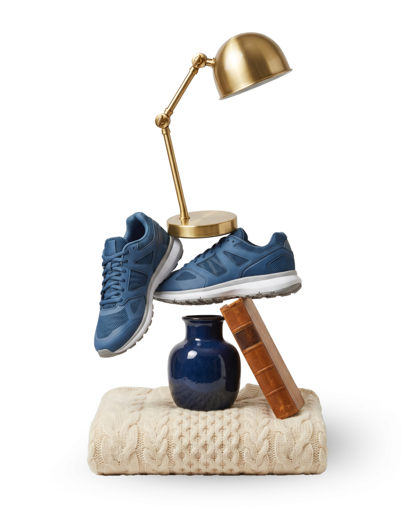 Composition d'objets neufs sauvés du gaspillage : pull, vase, livre, baskets et lampe — la mission anti-gaspi VitaliT
