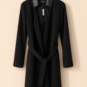 Manteau feutrine noir ceinturé à col simili cuir taille 36 – Zepeline