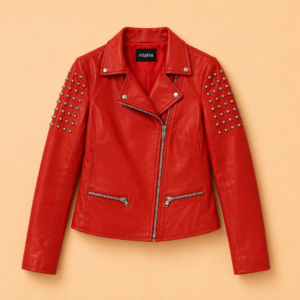 Perfecto en cuir véritable rouge clouté – Zepeline